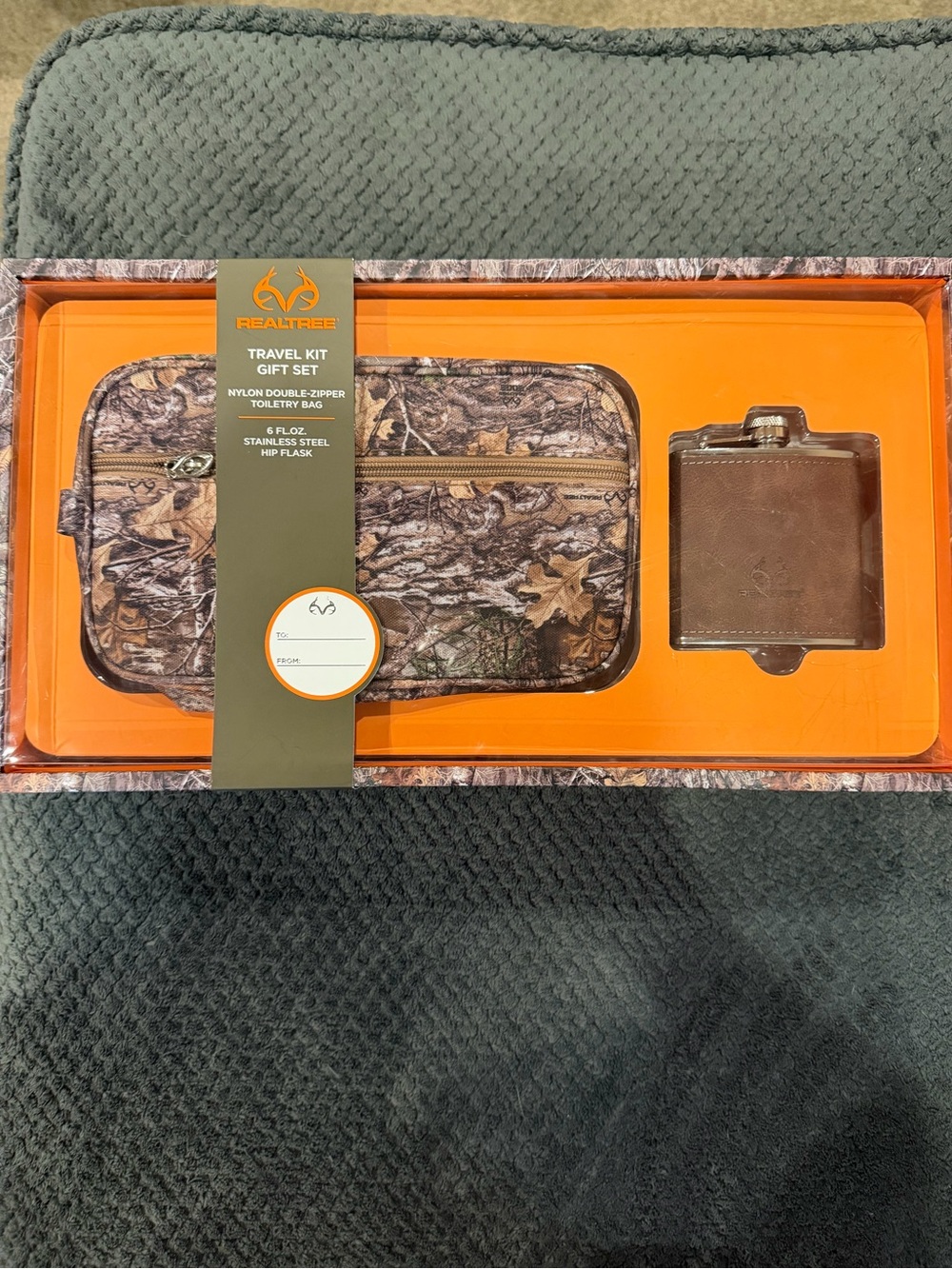 Realtree Camo Nylon Double-Zipper Toiletry Bag and flask- Brown, Tan, Green